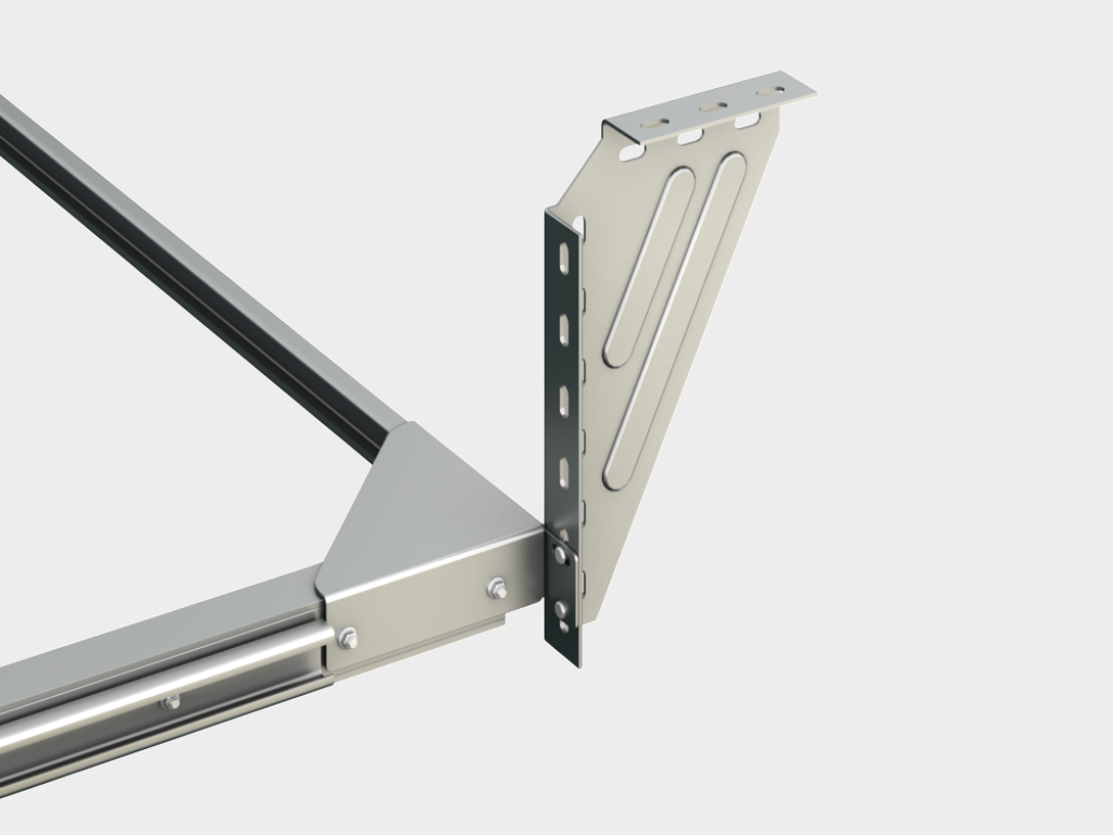 Кронштейн крепления С-профиля к направляющей повышает жесткость направляющих, позволяет выдержать прямые углы в системе горизонтальных направляющих, дает возможность регулировки угла наклона кронштейна крепления горизонтальных направляющих к потолку, исключает ошибки при монтаже.